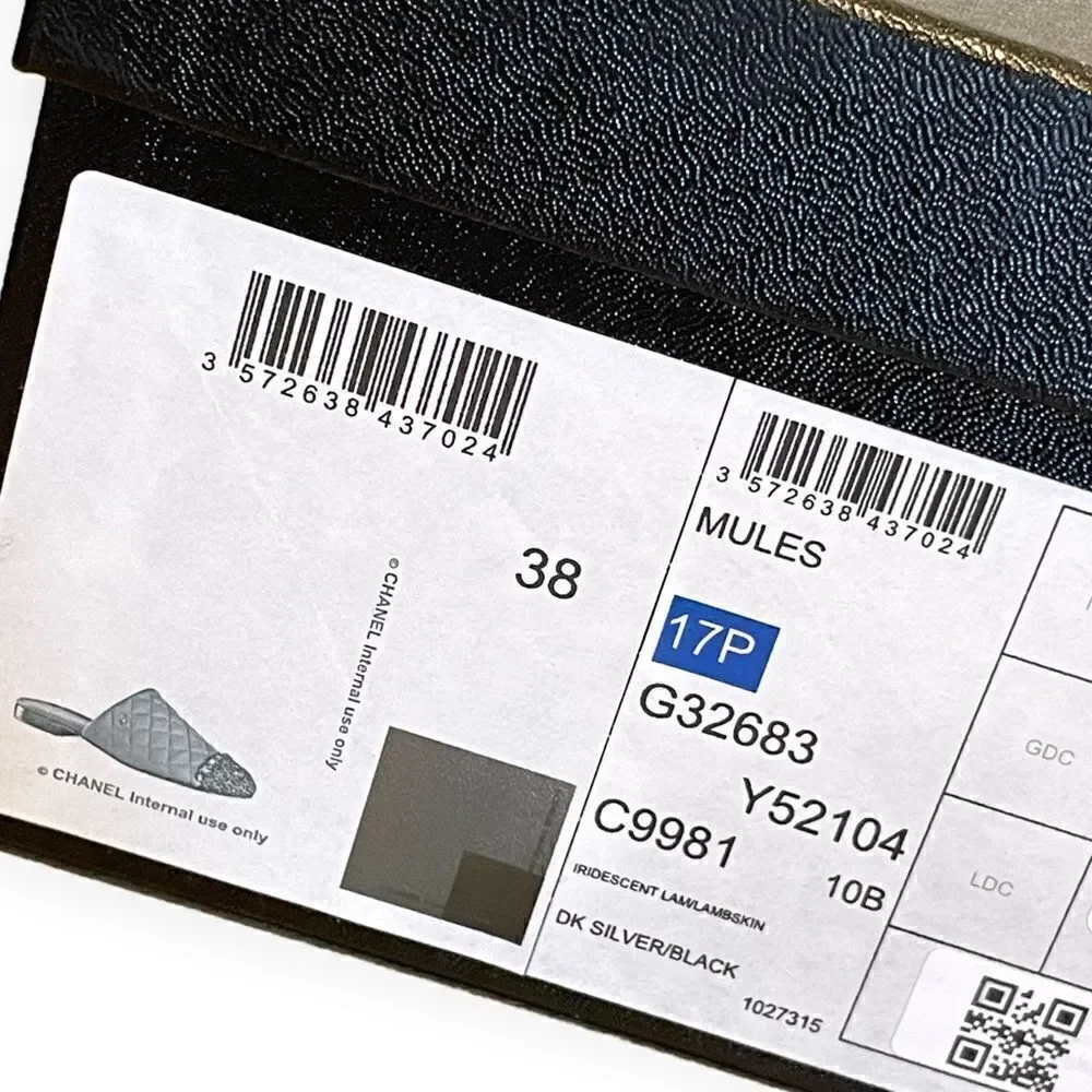Chanel Iridescent Silver & Black Quilted Lambskin Mules |Size: IT38|